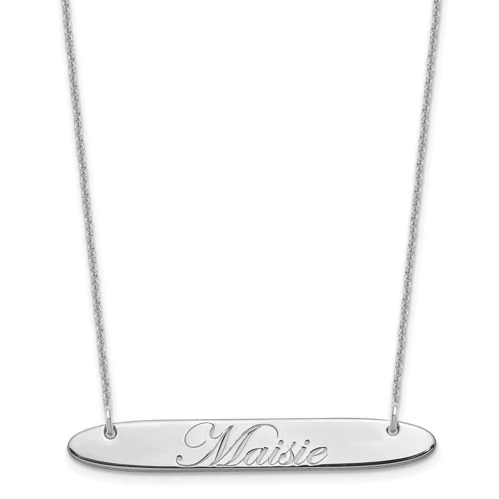 14K White Gold Medium Oblong Edwardian Script Bar Necklace