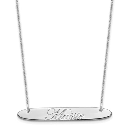 14K White Gold Medium Oblong Edwardian Script Bar Necklace