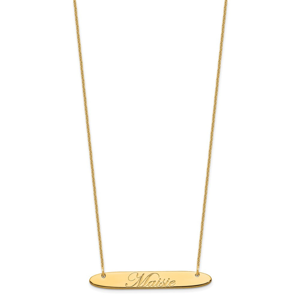 14K Yellow Gold Medium Oblong Edwardian Script Bar Necklace