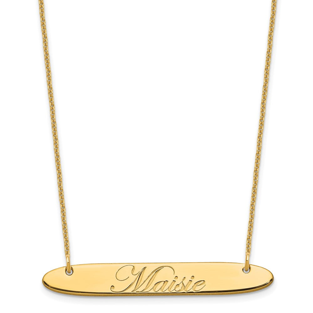 14K Yellow Gold Medium Oblong Edwardian Script Bar Necklace