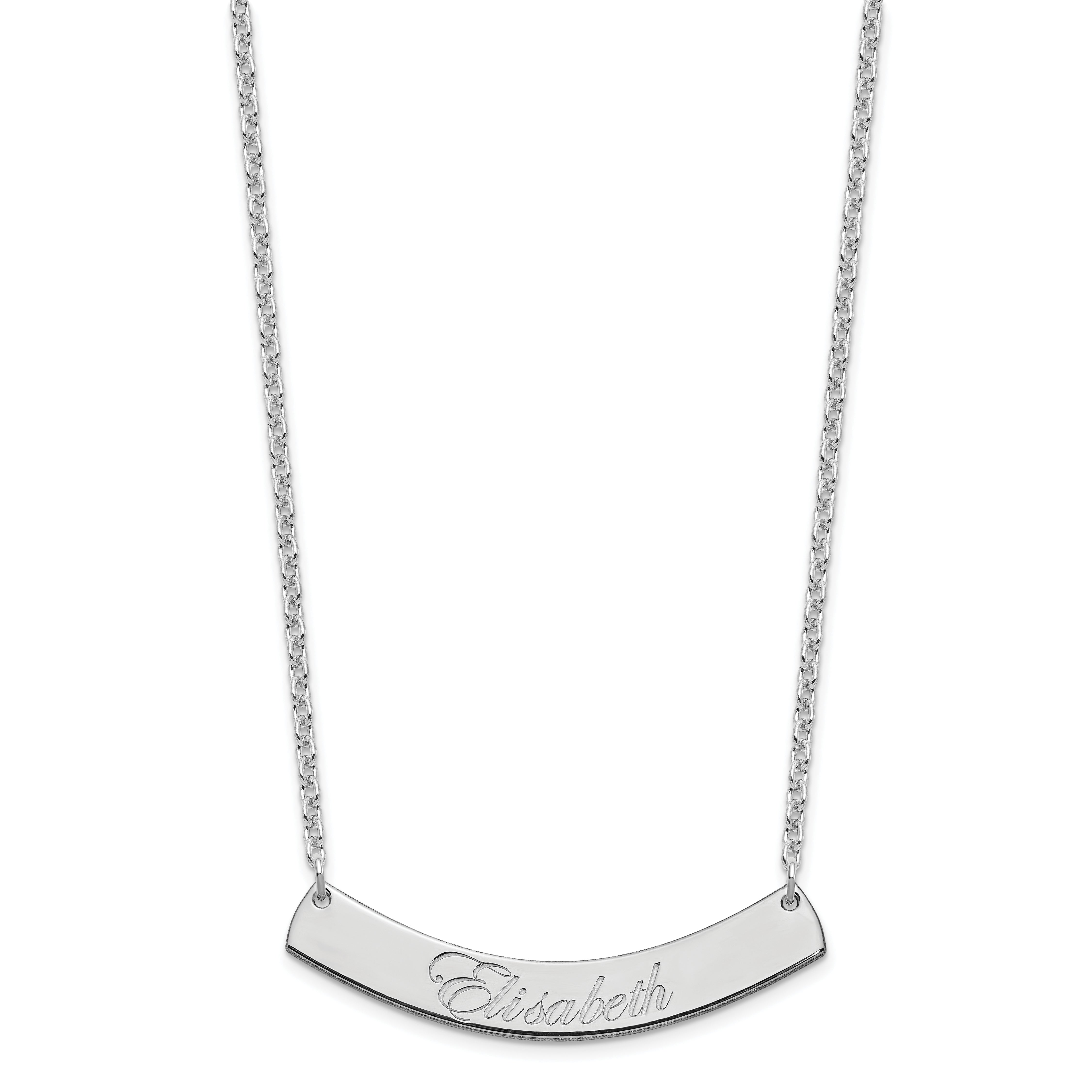 Sterling Silver Rhod Plated Medium Edwardian Script Curved Bar Necklace
