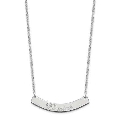 Sterling Silver Rhod Plated Medium Edwardian Script Curved Bar Necklace