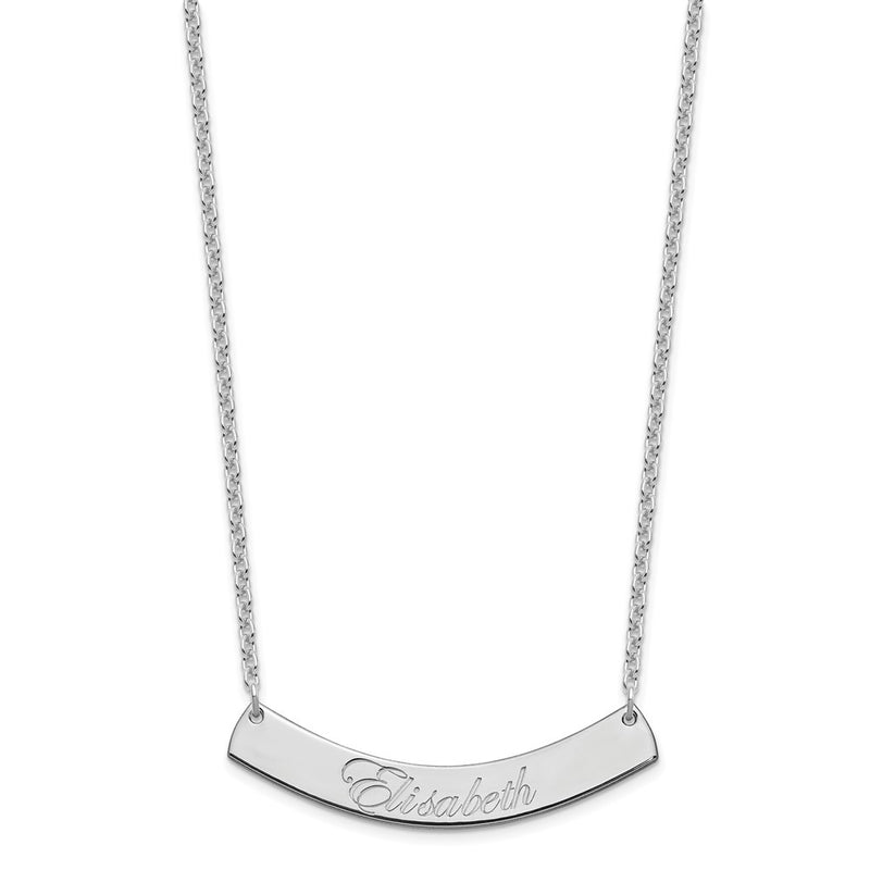 Sterling Silver Rhod Plated Medium Edwardian Script Curved Bar Necklace