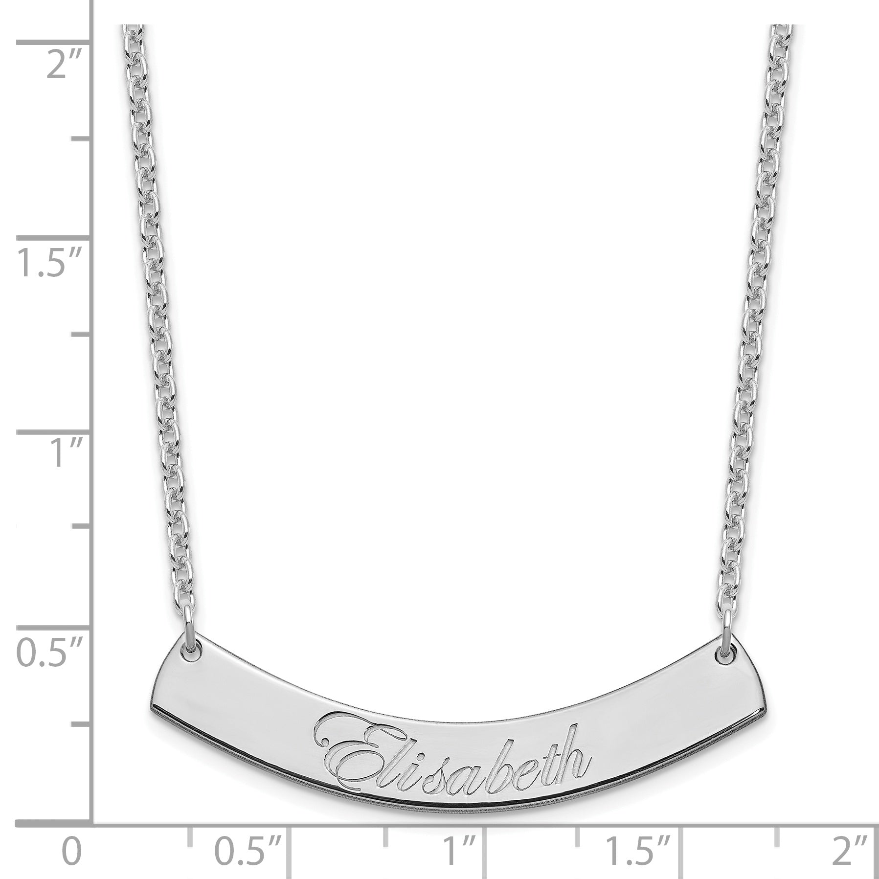 Sterling Silver Rhod Plated Medium Edwardian Script Curved Bar Necklace