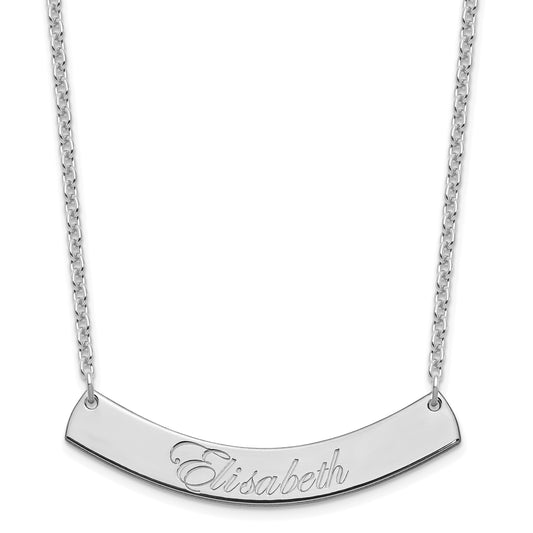 Sterling Silver Rhod Plated Medium Edwardian Script Curved Bar Necklace