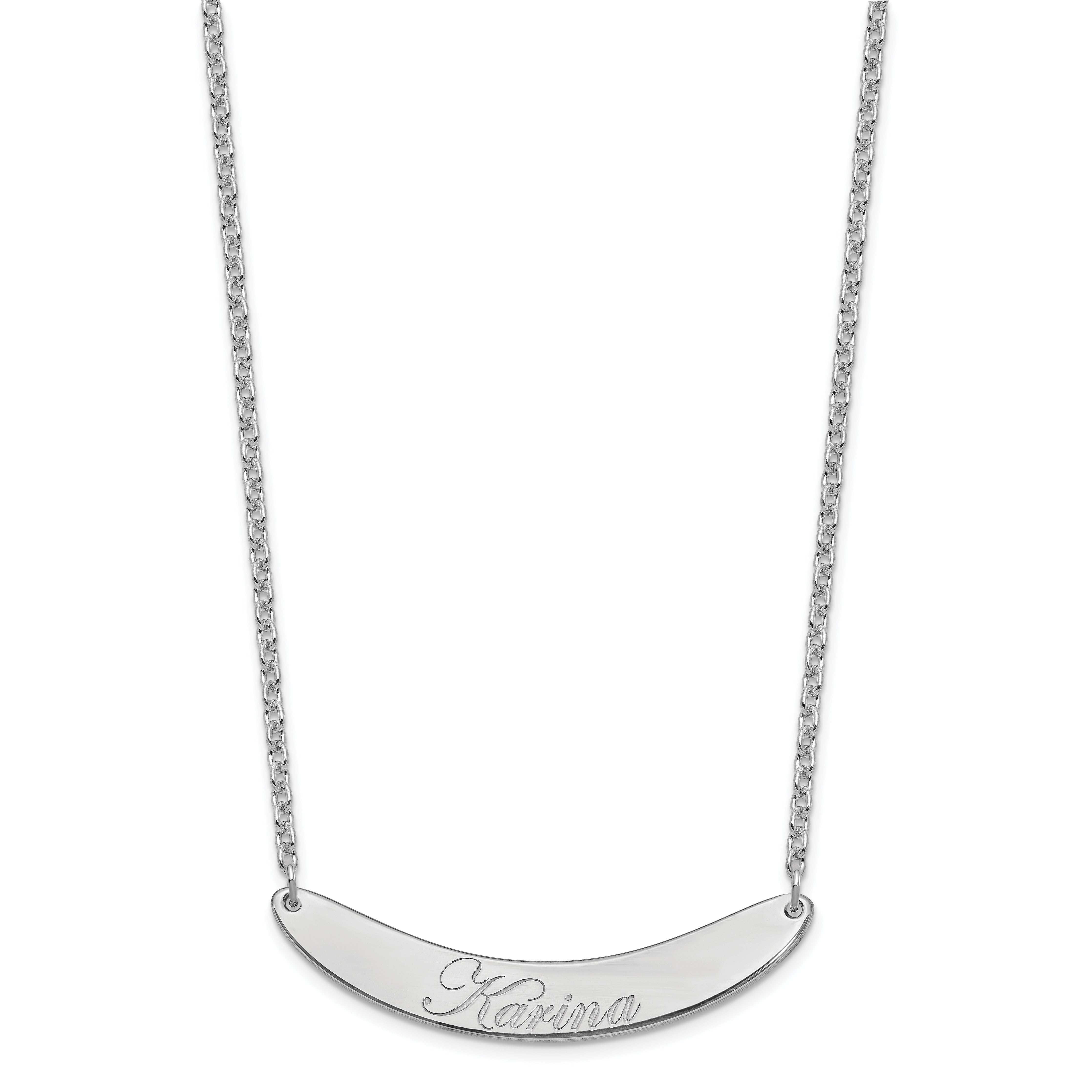 Sterling Silver Rhod Plated Medium Edwardian Script Curved Bar Necklace