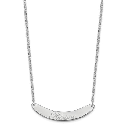 Sterling Silver Rhod Plated Medium Edwardian Script Curved Bar Necklace