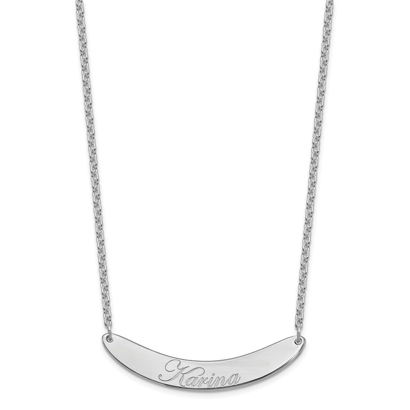 Sterling Silver Rhod Plated Medium Edwardian Script Curved Bar Necklace