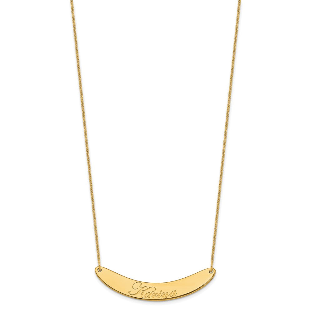 14K Yellow Gold Medium Edwardian Script Curved Bar Necklace
