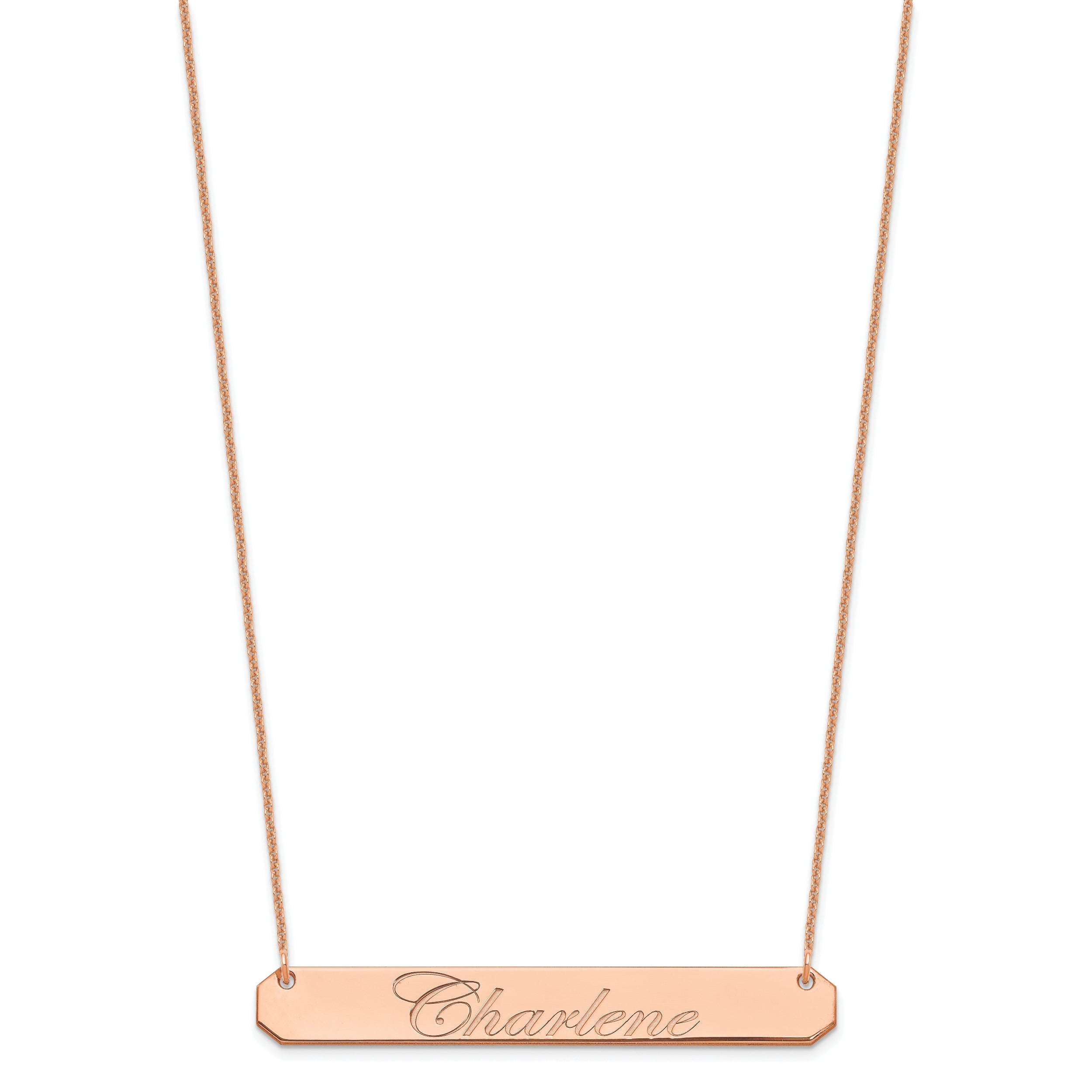 14K Rose Gold Large Edwardian Script Bar Necklace