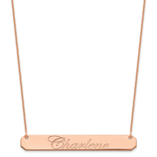 14K Rose Gold Large Edwardian Script Bar Necklace