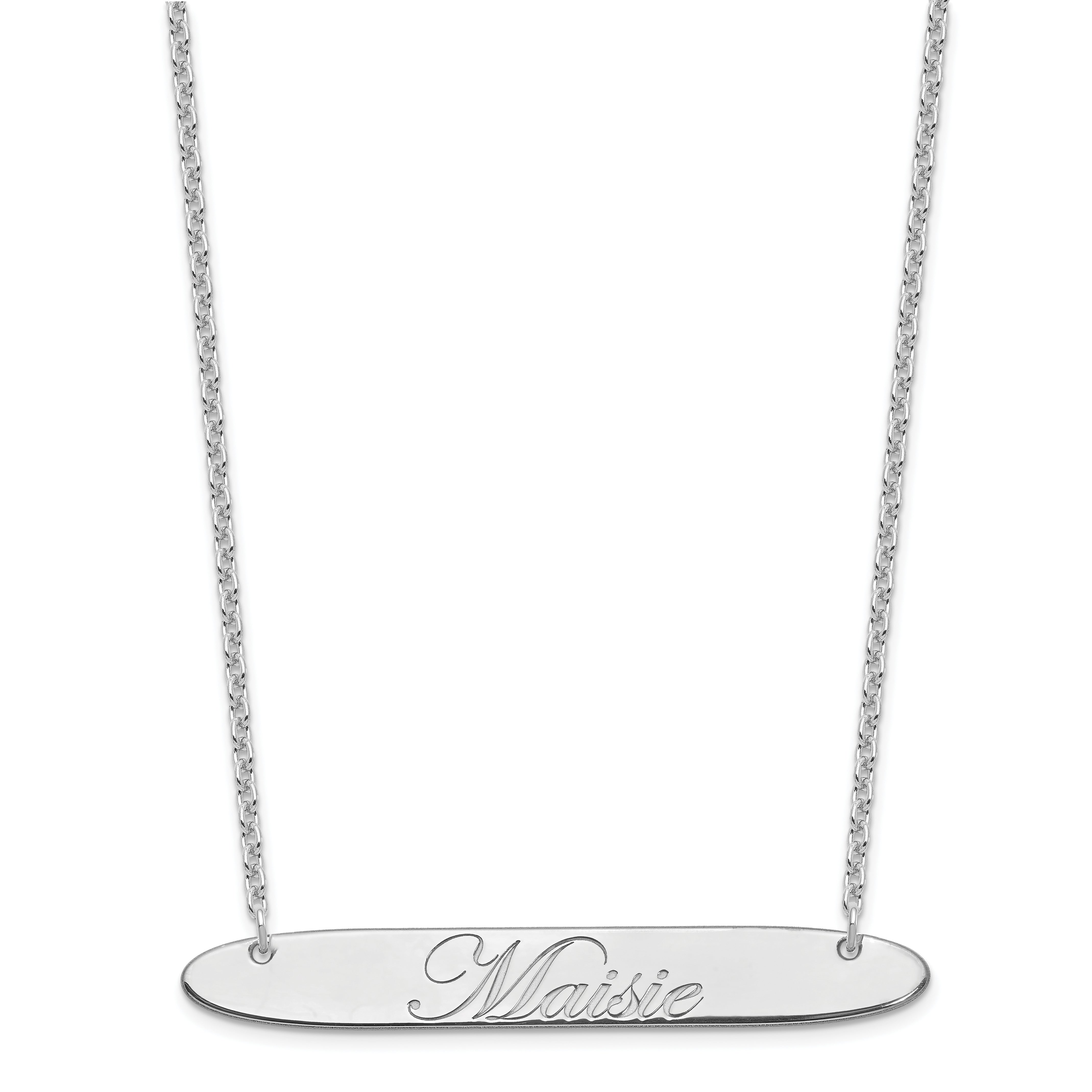 Sterling Silver Rhodium Plated Large Oblong Edwardian Script Bar Necklace