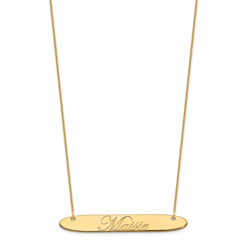 14K Yellow Gold Large Oblong Edwardian Script Bar Necklace