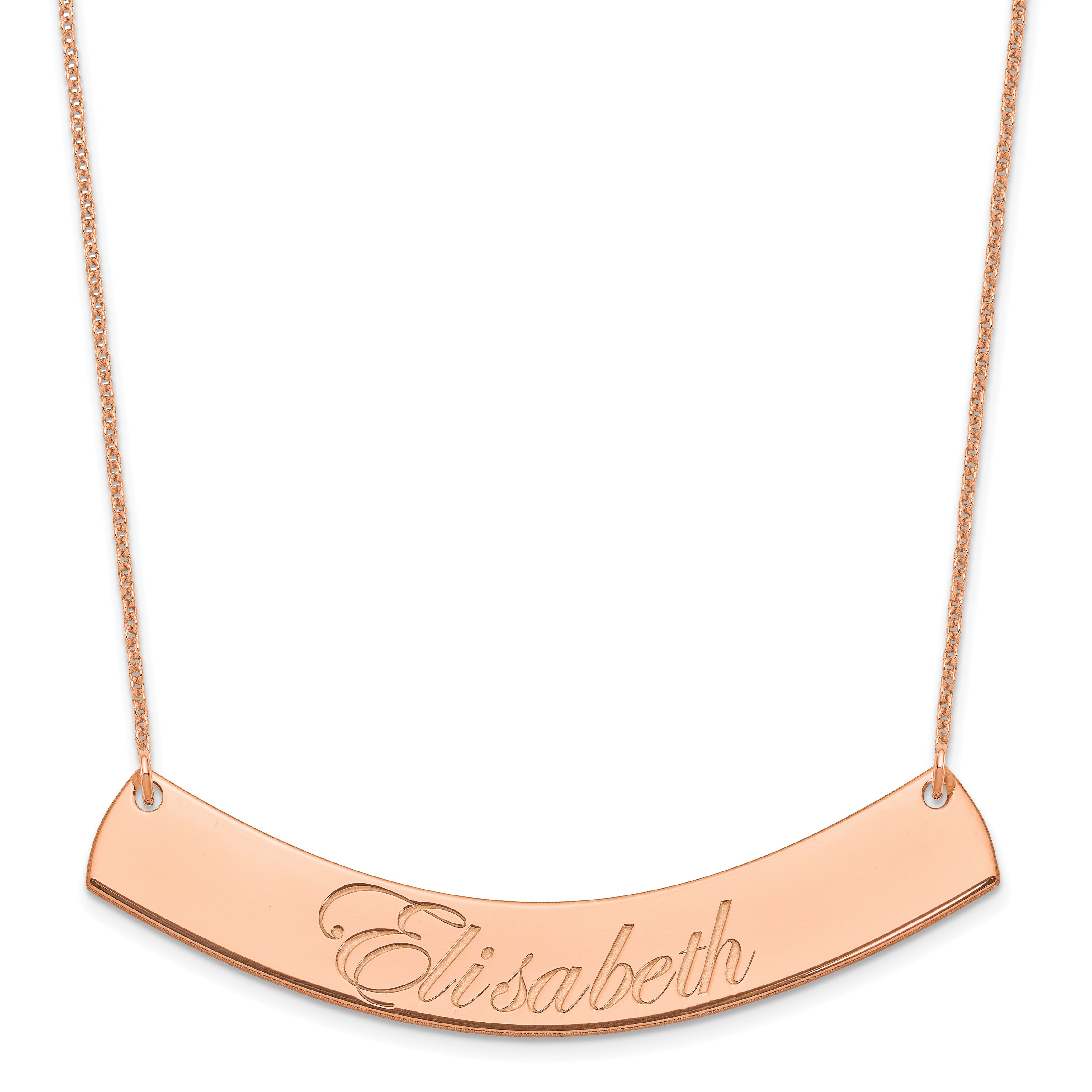 14K Rose Gold Large Edwardian Script Curved Bar Necklace