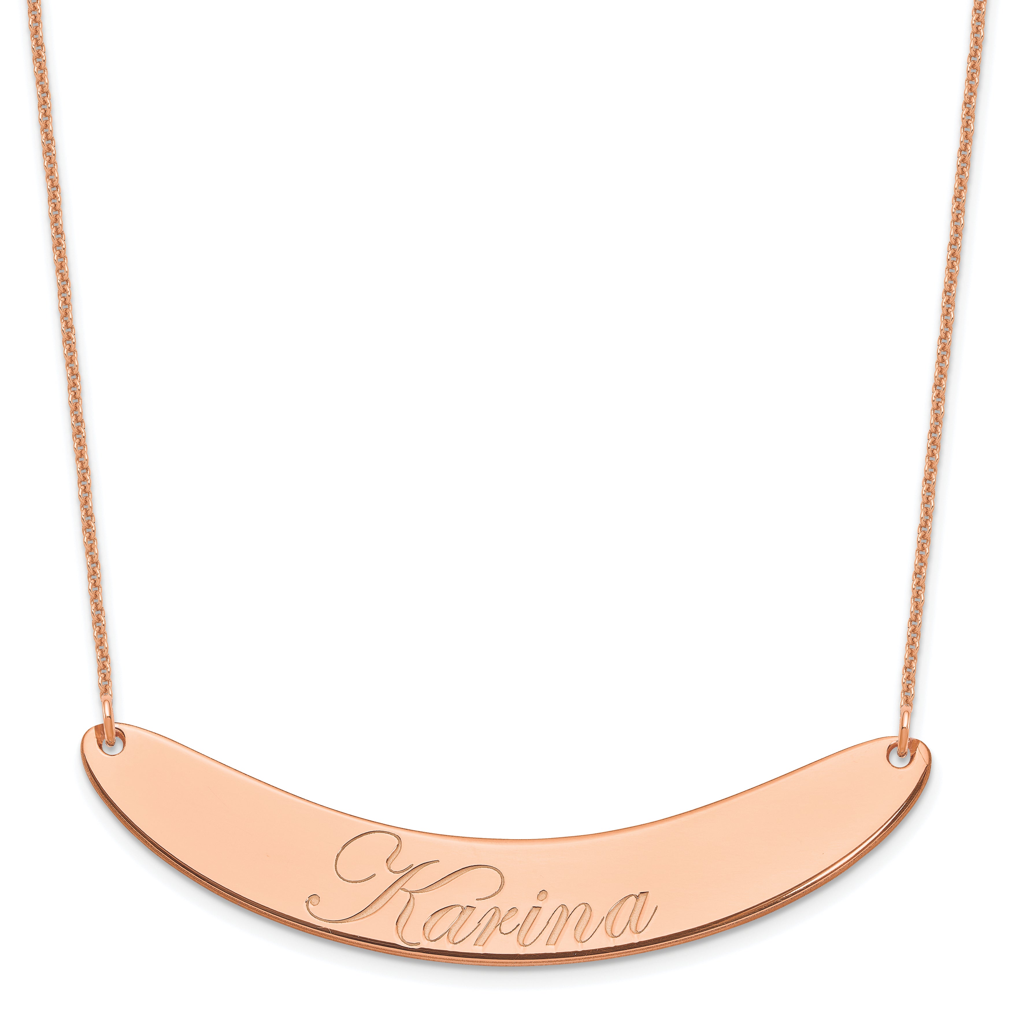 14K Rose Gold Large Edwardian Script Curved Bar Necklace