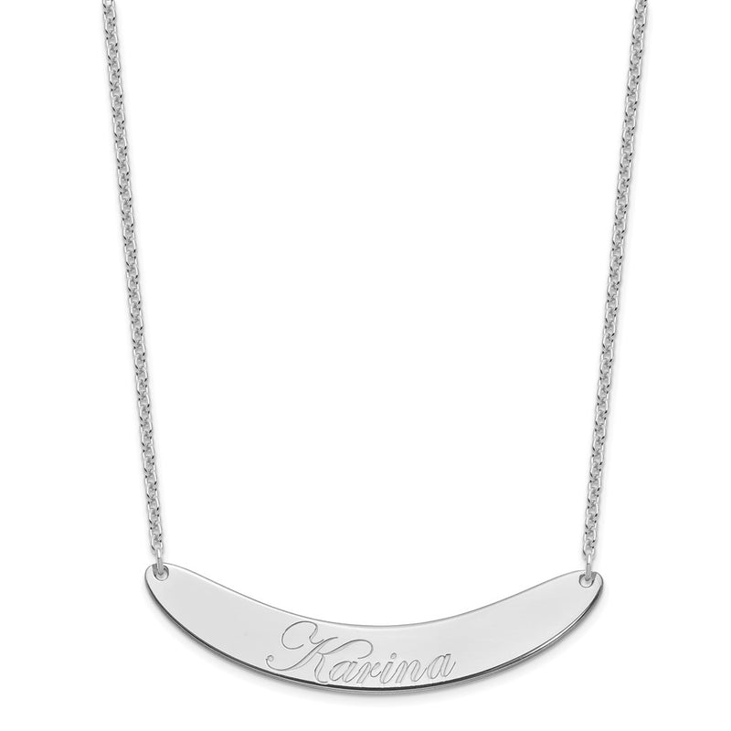 Sterling Silver Rhod Plated Large Edwardian Script Curved Bar Necklace