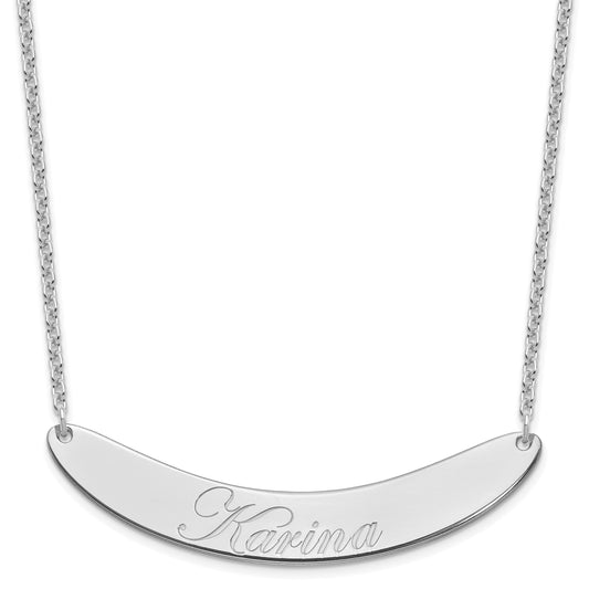 Sterling Silver Rhod Plated Large Edwardian Script Curved Bar Necklace