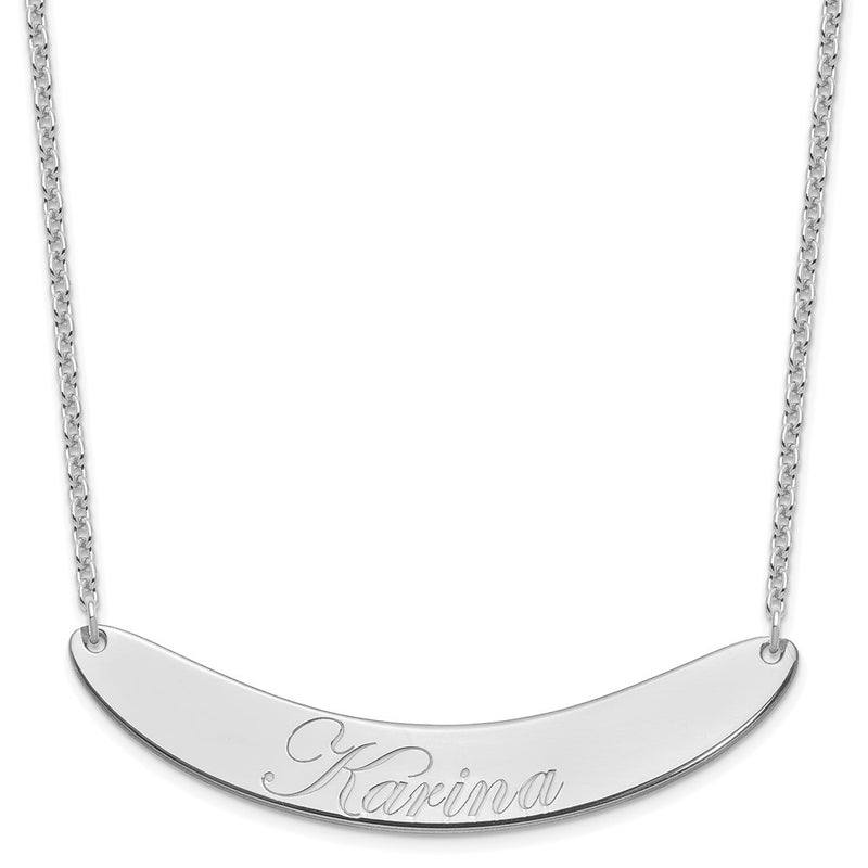 Sterling Silver Rhod Plated Large Edwardian Script Curved Bar Necklace