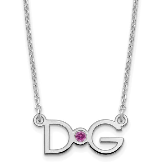 Sterling Silver Rhod Plated 2 Initials With 14K Bezel Birthstone Necklace