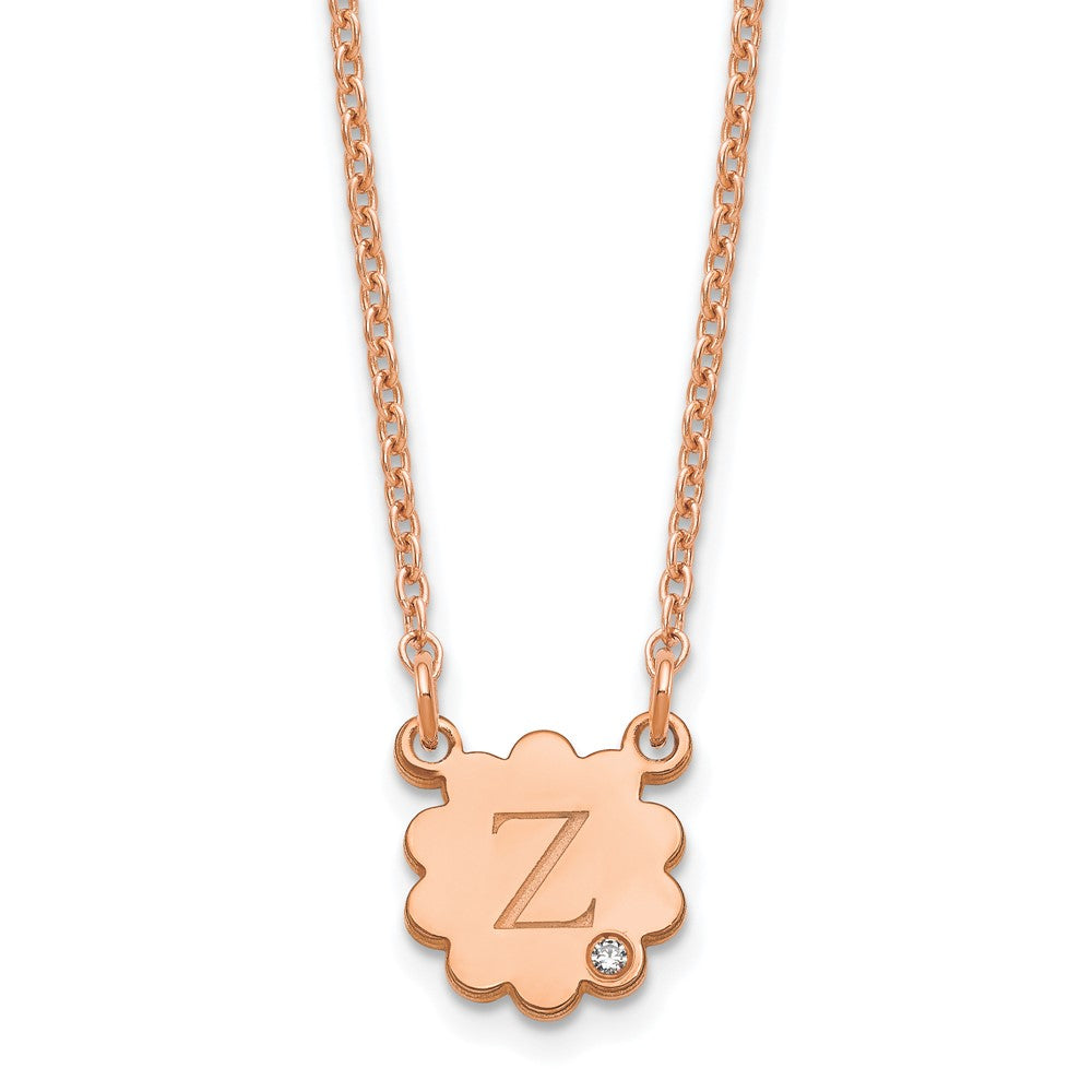 Rose Plated Sterling Silver/Rose Initial Flower With Diamond Necklace