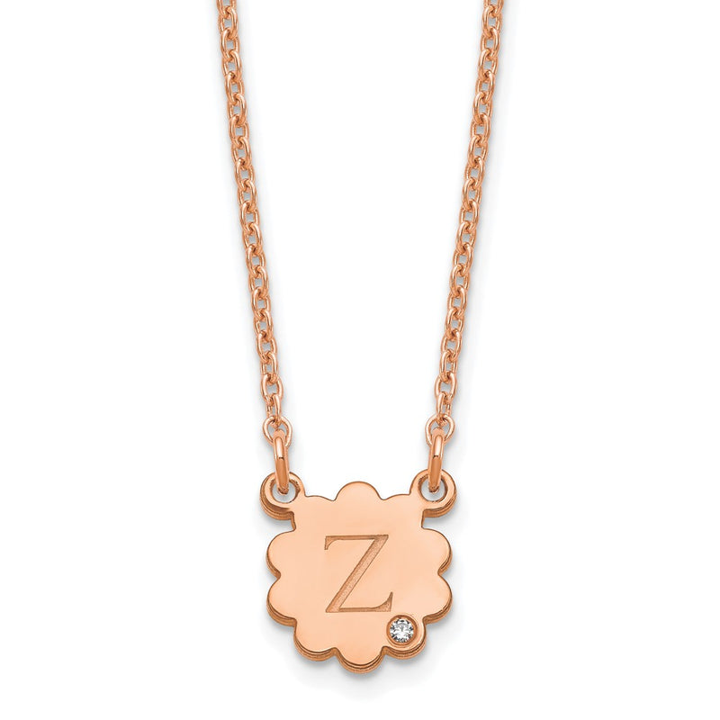 Rose Plated Sterling Silver/Rose Initial Flower With Diamond Necklace