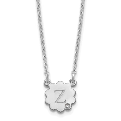 Sterling Silver Silver/Rhodium Plated Initial Flower With Diamond Necklace