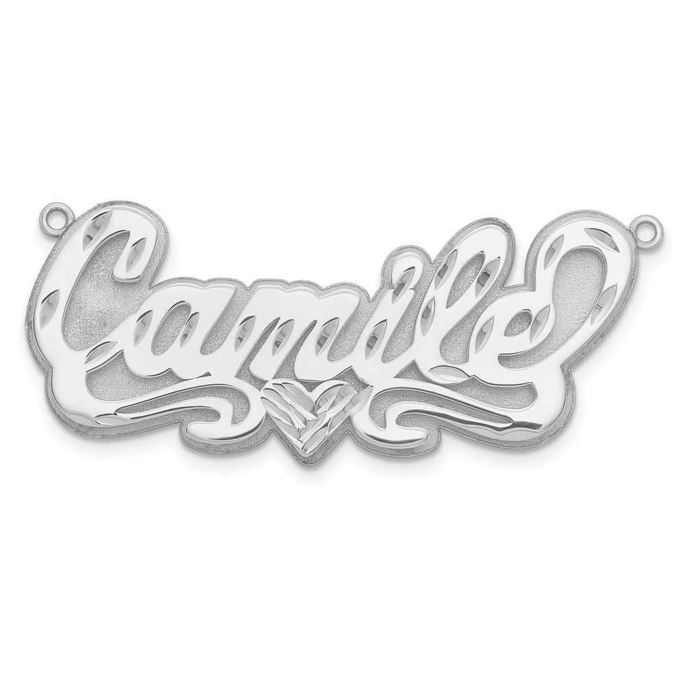 Sterling Silver Rhodium Plated 3D Diamond Cut Heart Name Plate