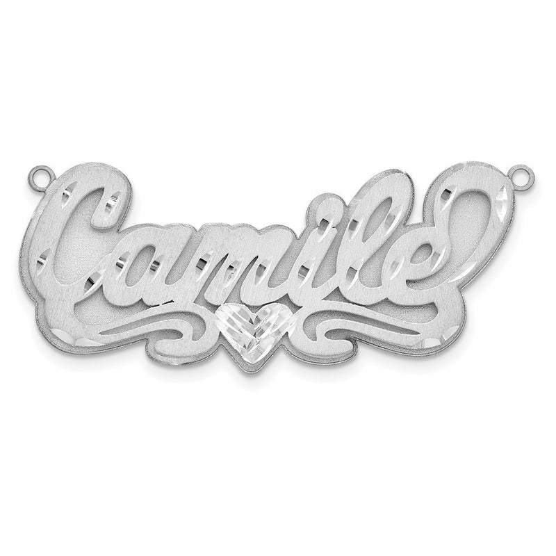 Sterling Silver Rhodium Plated 3D Satin Diamond Cut Heart Name Plate