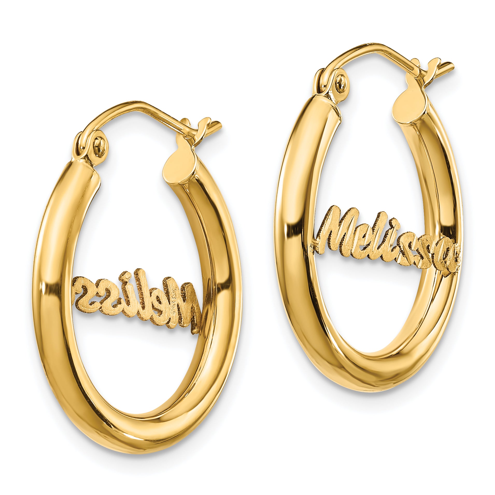 14K Yellow Gold Small Satin Diamond Cut Name Plate Hoop Earrings