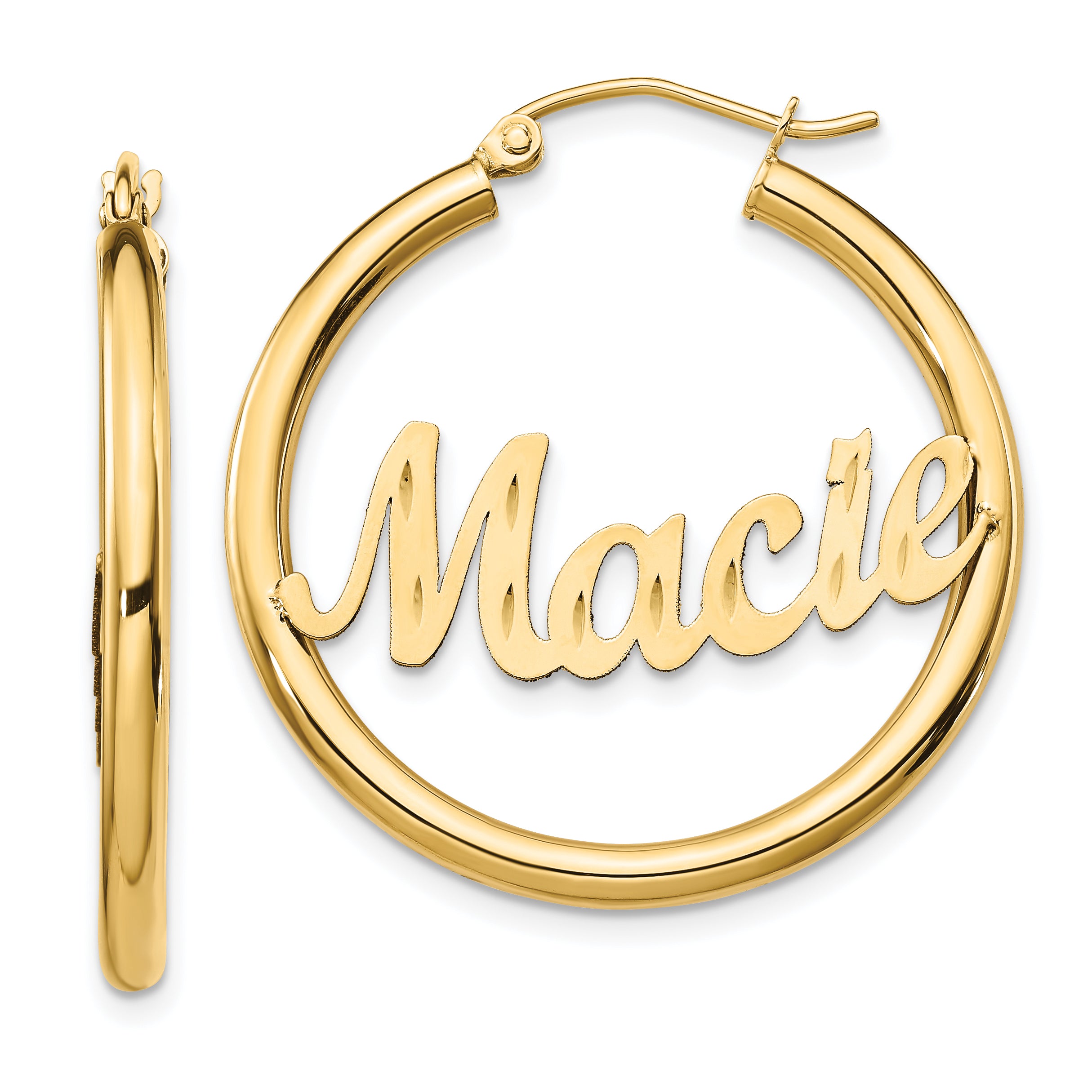 14K Yellow Gold Diamond Cut Name Plate Hoop Earrings