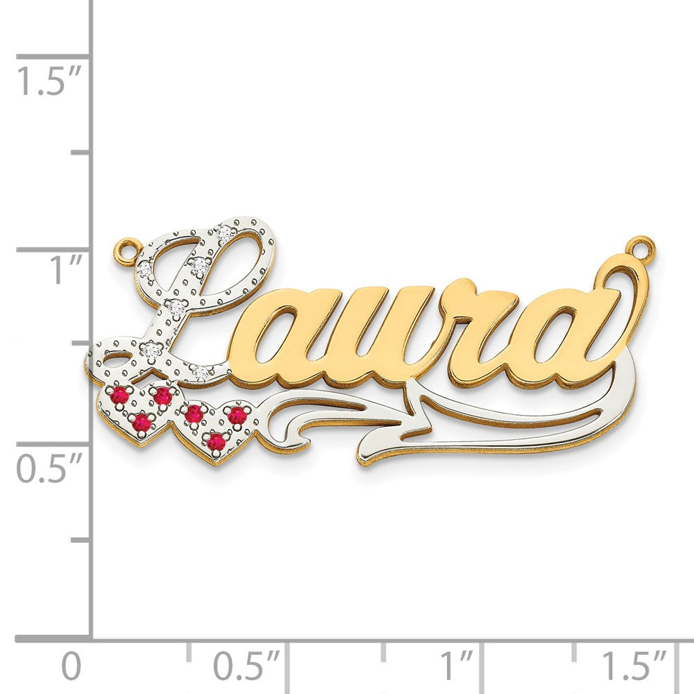 14K Yellow & Rhodium 14Ky Diamond And Ruby 3D With Hearts Name Plate