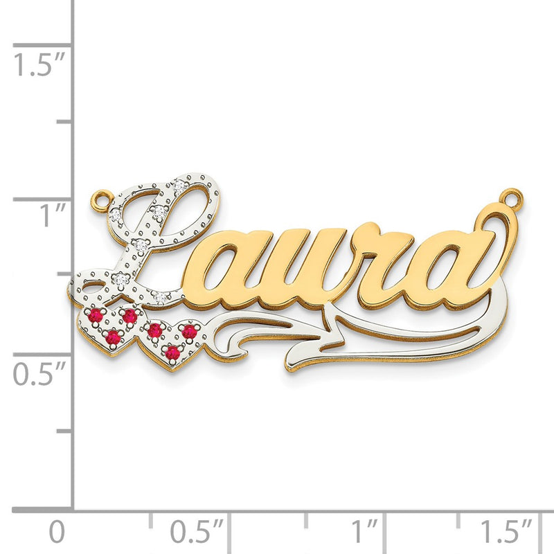 14K Yellow & Rhodium 14Ky Diamond And Ruby 3D With Hearts Name Plate