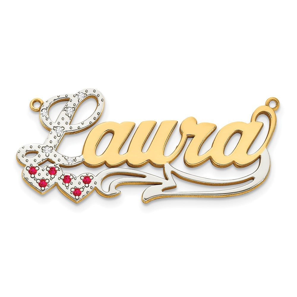 14K Yellow & Rhodium 14Ky Diamond And Ruby 3D With Hearts Name Plate