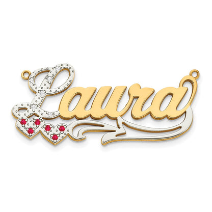 14K Yellow & Rhodium 14Ky Diamond And Ruby 3D With Hearts Name Plate