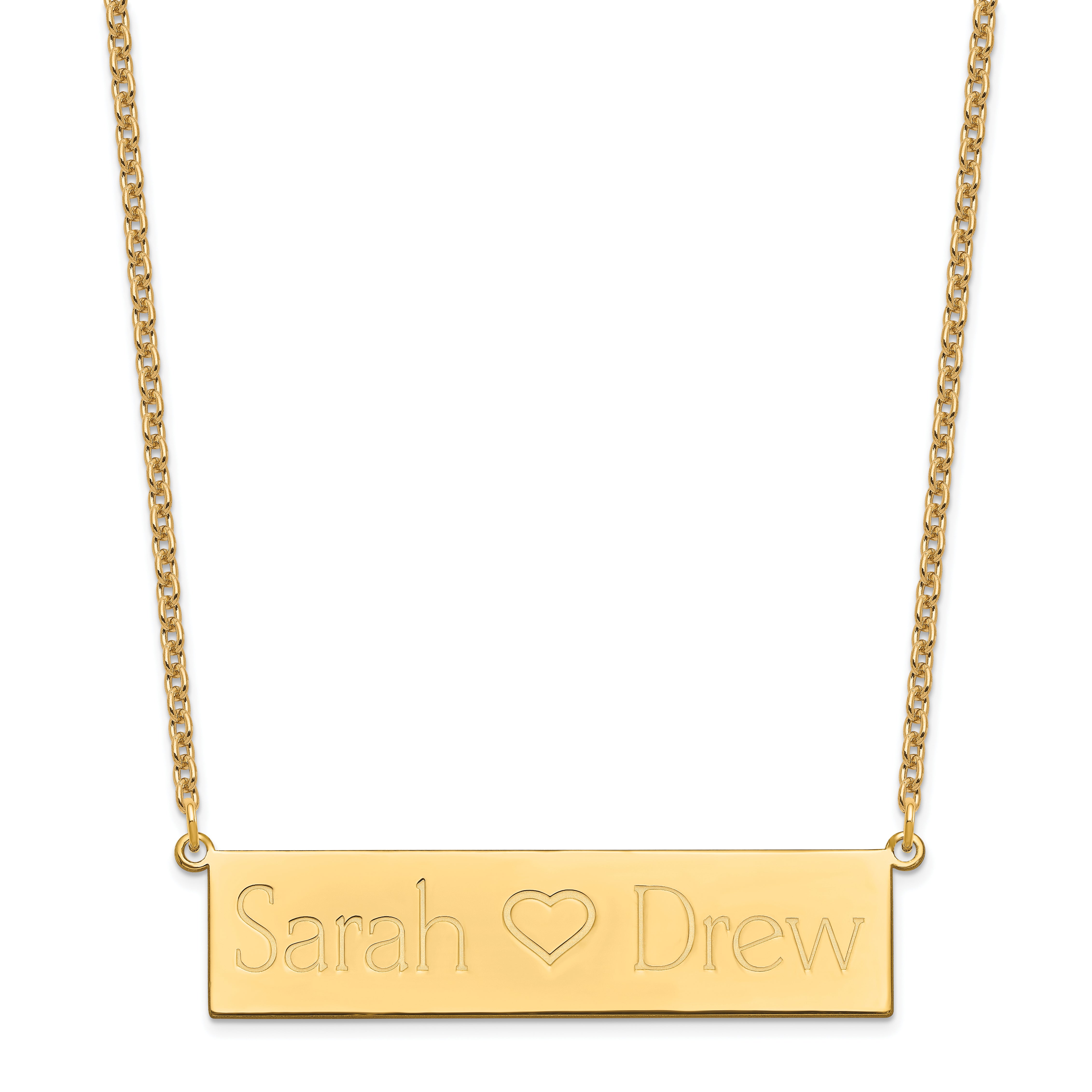 Gold Plated Brushed 2 Names And Heart Bar Necklace