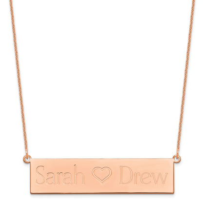 14K Rose Gold Brushed 2 Names And Heart Bar Necklace