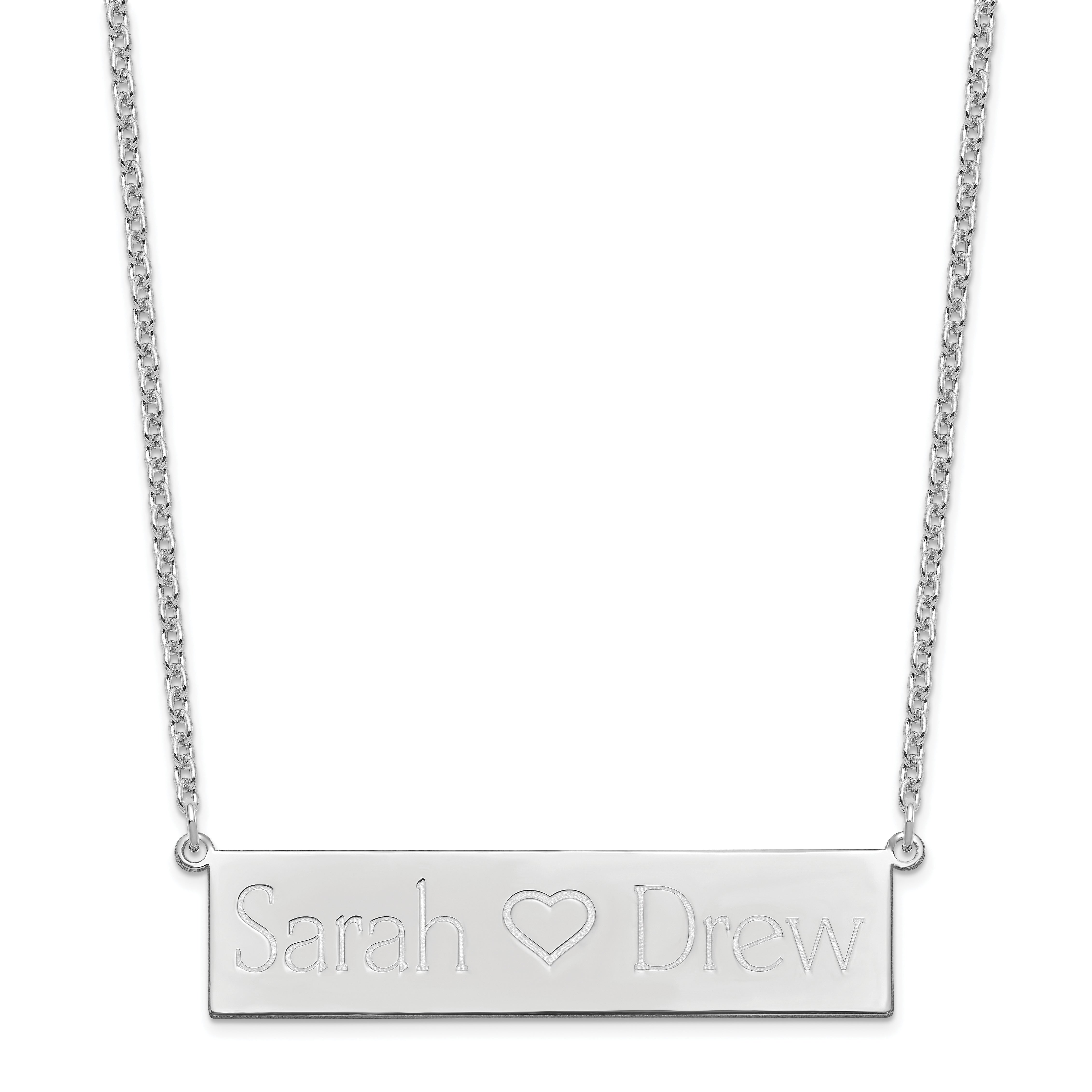 Sterling Silver Rhodium Plated Brushed 2 Names And Heart Bar Necklace