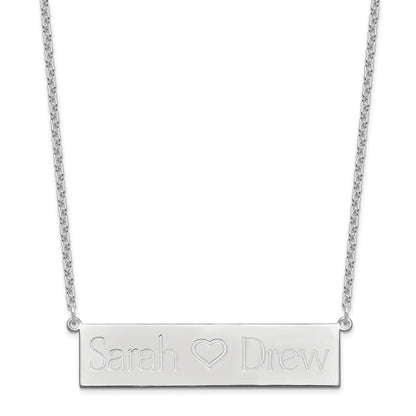 Sterling Silver Rhodium Plated Brushed 2 Names And Heart Bar Necklace