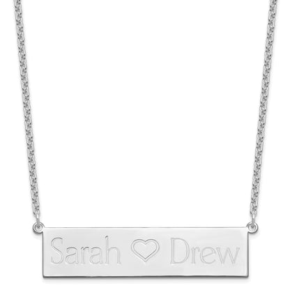 Sterling Silver Rhodium Plated Brushed 2 Names And Heart Bar Necklace