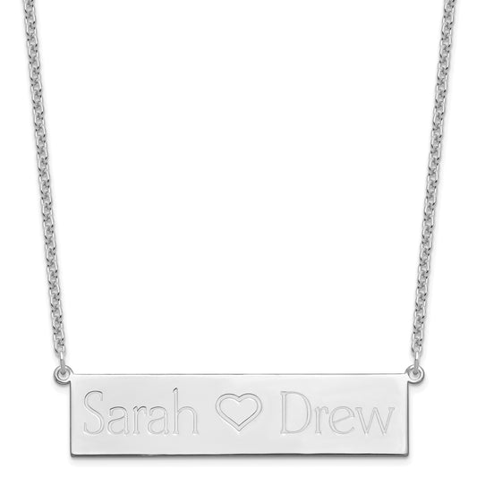 Sterling Silver Rhodium Plated Brushed 2 Names And Heart Bar Necklace