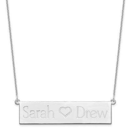 14K White Gold Brushed 2 Names And Heart Bar Necklace