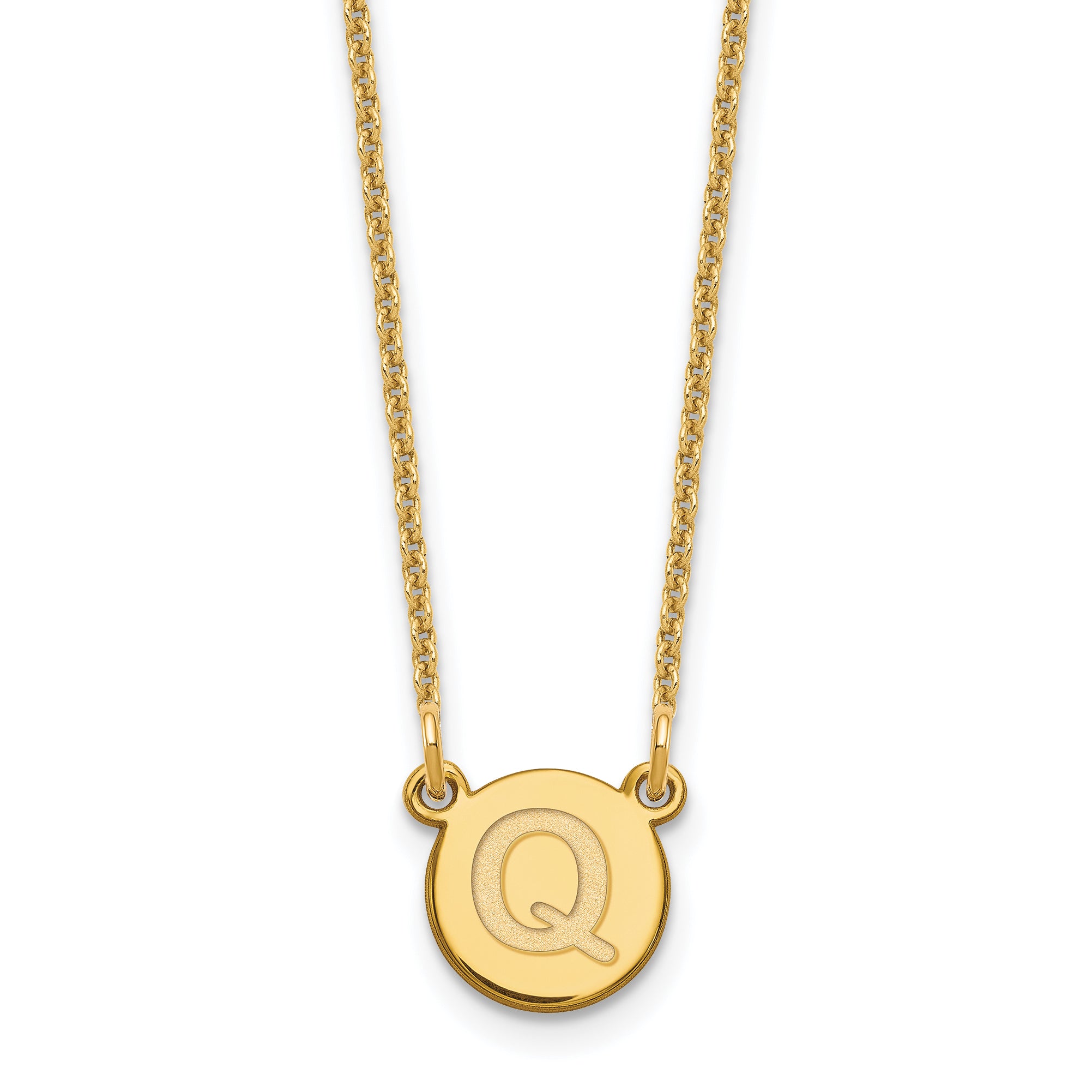14K Yellow Gold 14Ky Tiny Circle Block Letter Q Initial Necklace