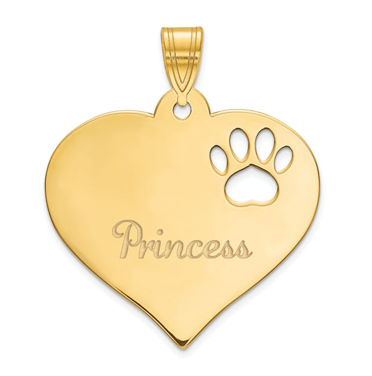 14K Yellow Gold Heart With Name And Paw Print Cut Out Pendant