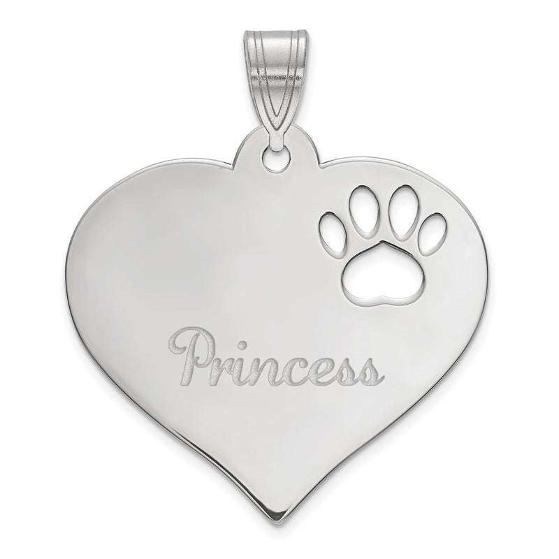 14K White Gold Heart With Name And Paw Print Cut Out Pendant