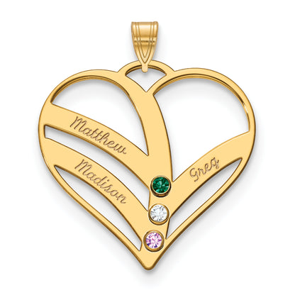 14K Yellow Gold 14Ky 3 Name Birthstones Bezel Cut Out Heart Pendant