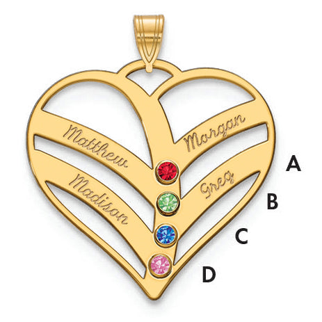 14K Yellow Gold 14Ky 4 Name Birthstones Bezel Cut Out Heart Pendant
