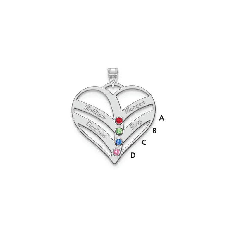 14K White Gold 14Kw 4 Name Birthstones 18K Rhod Plated Bezel Cut Out Heart Pendant