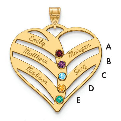14K Yellow Gold 14Ky 5 Name Birthstones Bezel Cut Out Heart Pendant