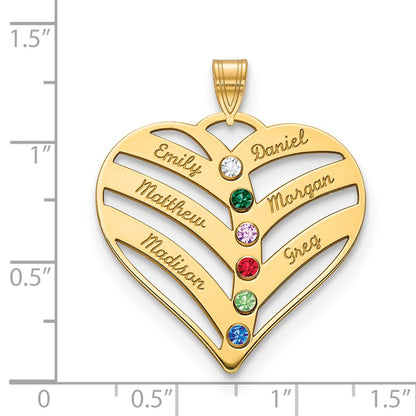 14K Yellow Gold 14Ky 6 Name Birthstones Bezel Cut Out Heart Pendant