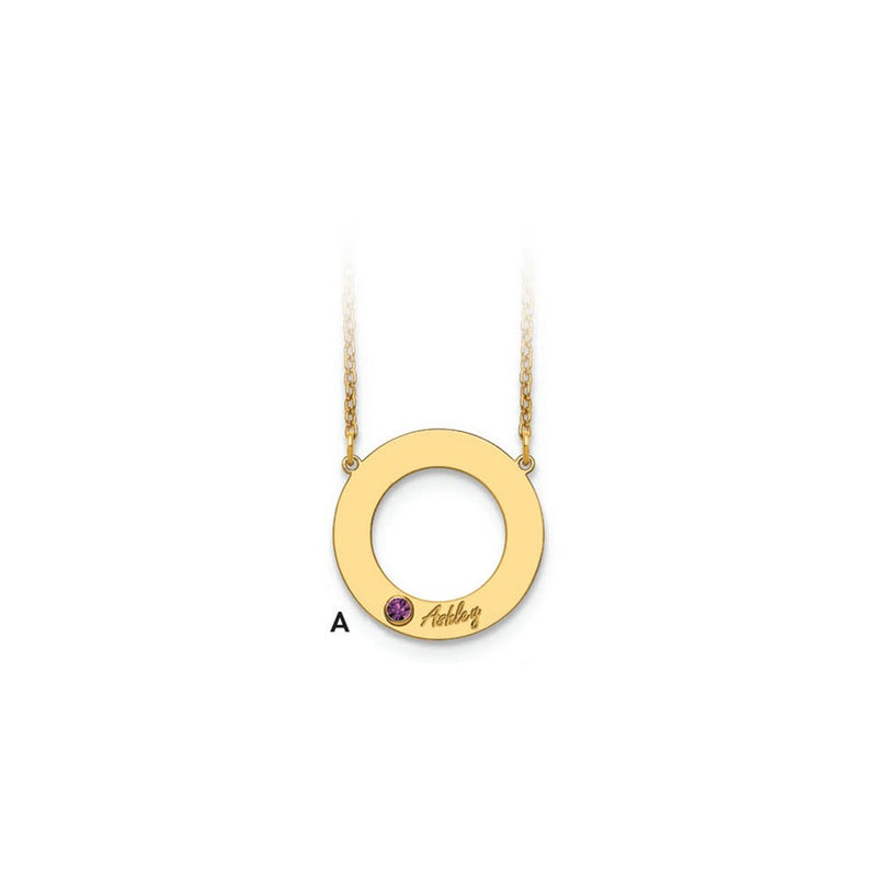 14K Yellow Gold 14Ky 1 Name And Birthstone W/ Bezel Cut Out Circle Necklace